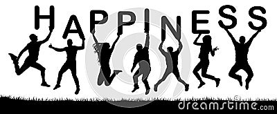 Happy people jumping, hold the letters in their hands, the word happiness. Vector Illustration